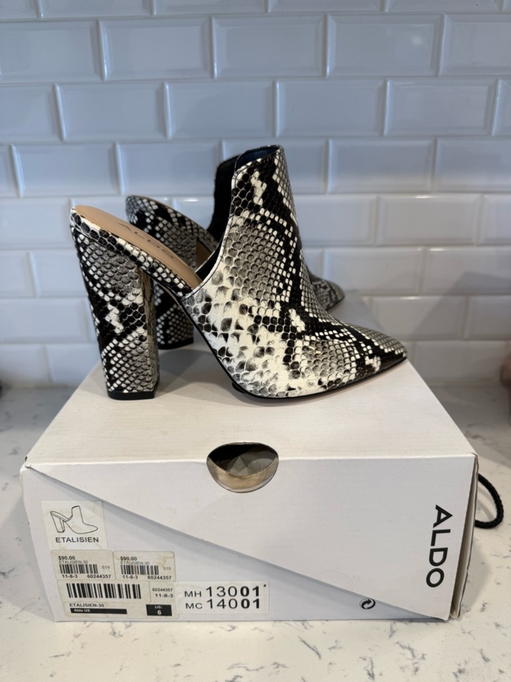 Aldo Black & White Snake-Print Block Heel Mules